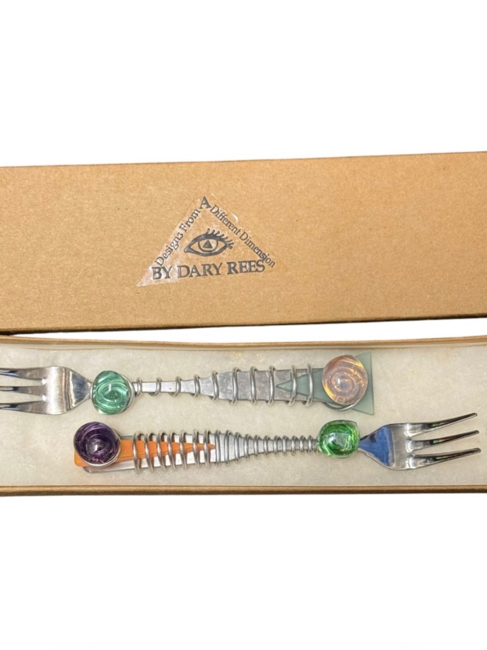 Vintage Dary Rees Glass & Wire Wrapped Dessert / Appetizer Forks Set of 2 NIB
